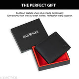 Black genuine leather men's wallet with RFID blocking, featuring 2 compartments and a coin pocket