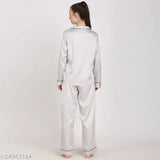 Silver solid print satin V-neck women's night suit set, comfortable lounge wear from Pretty Lovingly Thing