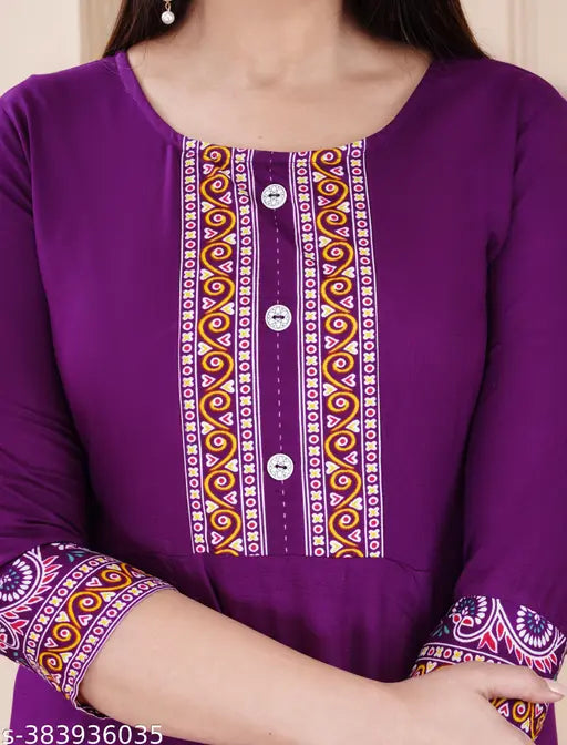 Purple rayon anarkali kameez with detailed embroidery, 3/4 sleeves, buttoned front