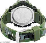 Multifunctional digital sports watch for boys and men with a cap and goggles combo pack. White case, black strap with metal buckle. Green bezel and 120 square mm display. Three buttons on the right side