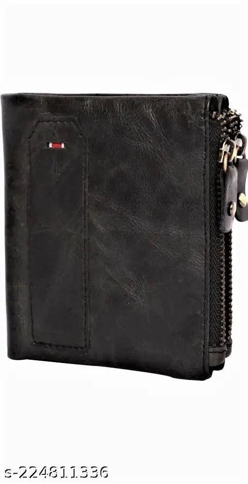 Black 2-fold leather wallet with multi card slots, solid pattern, compact design, ideal for everyday use, 100% genuine leather, perfect gift for weddings, engagements, parties, birthdays, Diwali, Eid, Men and Women. Leather wallet on table