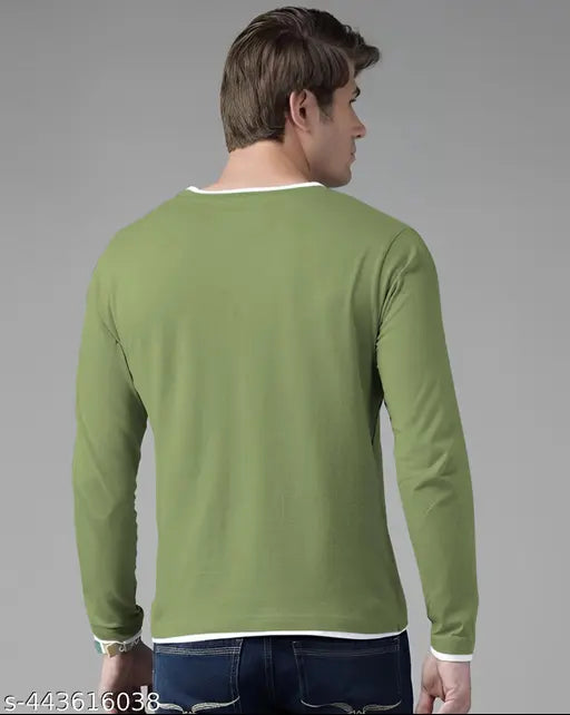 Green cotton blend men's t-shirt, long sleeves, solid pattern for fashionable attire
