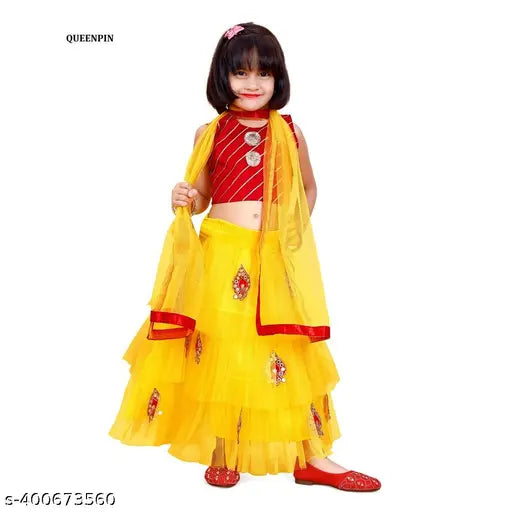 Striped dupion silk lehenga choli set with super net dupatta and border lace, festive occasion wear for girl aged 1-8 years, India origin