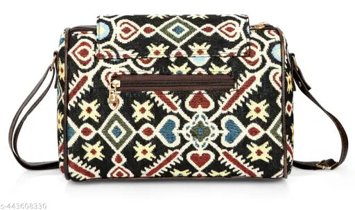 Multi-colored embroidered crossbody bag with multiple pockets and spacious main compartment