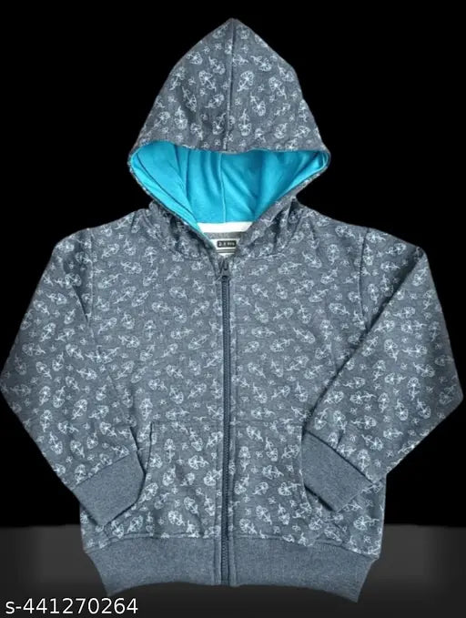 Grey hooded sweatshirt with blue zipper and drawstrings