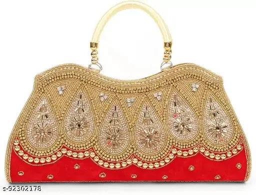 Red and gold beaded wedding clutch with floral embroidery, large handle for carrying