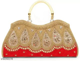 Red and gold beaded wedding clutch with floral embroidery, large handle for carrying