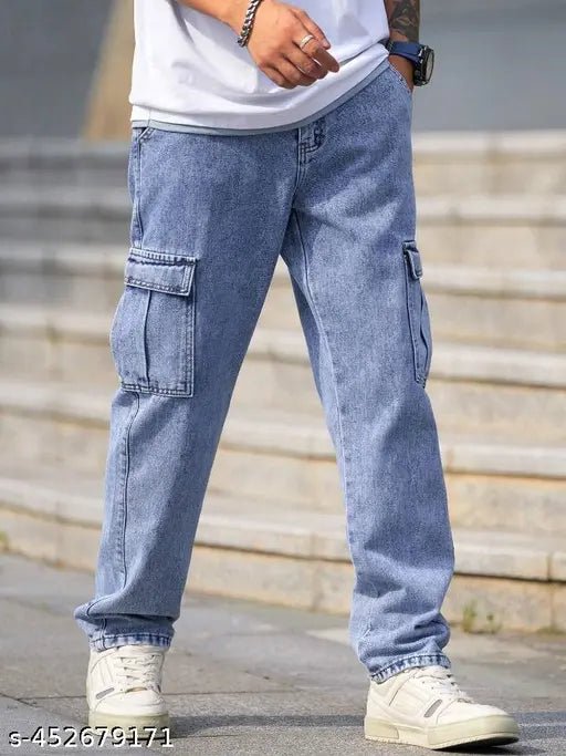 Ice blue men's denim pants with cargo pockets