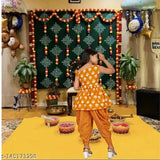 Yellow cotton print anarkali dhoti kurta set for girls with dupatta, Indian fashionable and comfortable clothing for 6-13 years old
