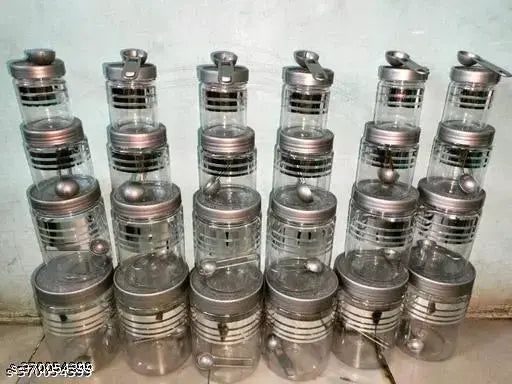 A collection of clear hexagonal plastic containers with varying sizes, displayed in a row