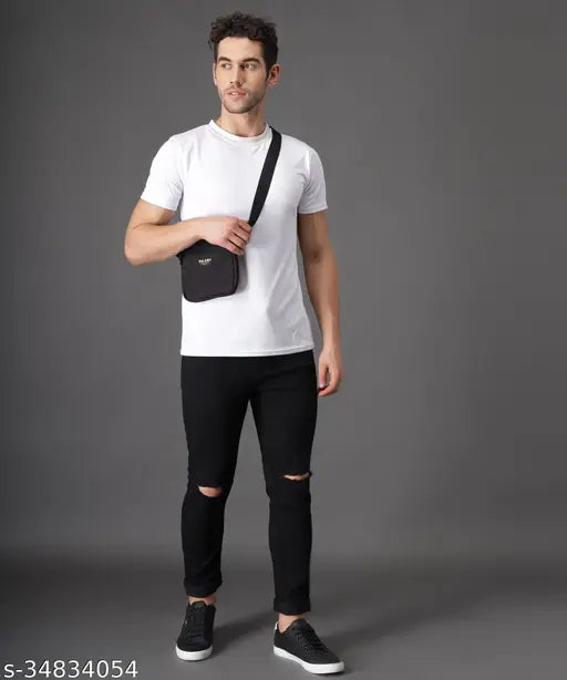 Solid black cotton blend jeans for men by Zaysh, stylish knee-cut with a 34-inch waist, 40-inch length, and 38-inch hip size