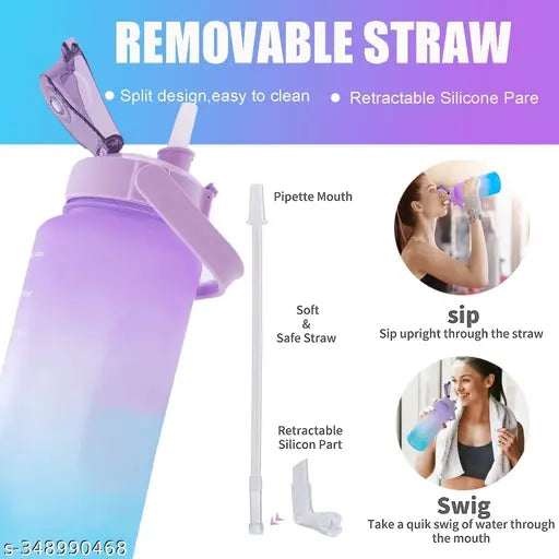 Purple Tritan plastic 2L Sipper Motivational Water Bottle, large capacity with measuring scale, ideal for gym, office, and outdoor activities