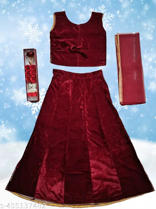 Stylish maroon velvet lehenga choli set with net dupatta for kids, embroidered design, multiple size options available