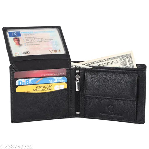 Black full-grain leather men's wallet with RFID protection, featuring 2 compartments, 6 card slots, and 1 zipper pocket. Perfect gift for any occasion