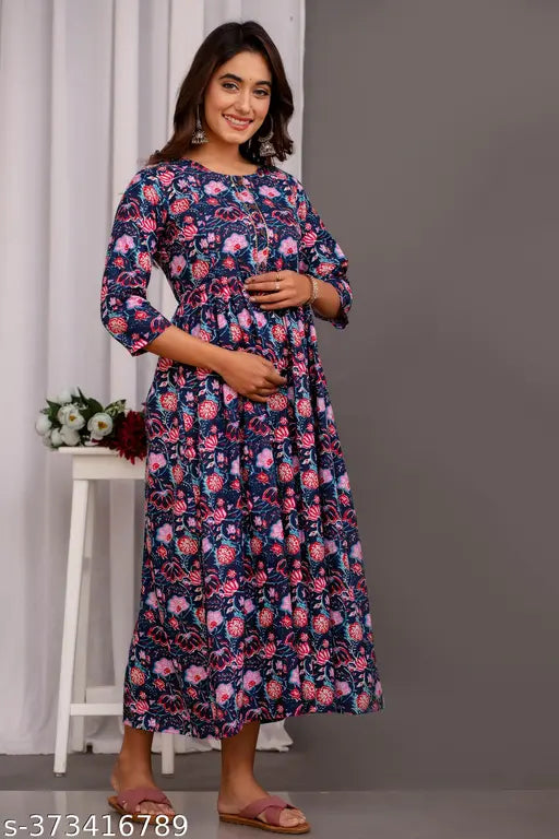 Breathable cotton kurti, feminine maternity wear with hidden zippers for easy breastfeeding access. Available in sizes M-XXXL from India