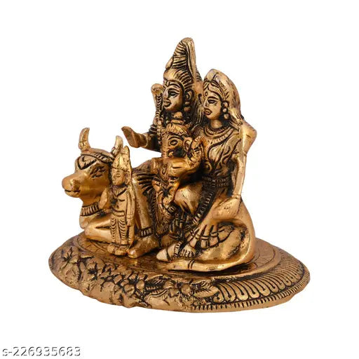 Haridwar Divine Metal Shiva Parvati Ganesh family statue, Hindu idol sculpture on Nandi, 9x8x10cm for temple or home decor