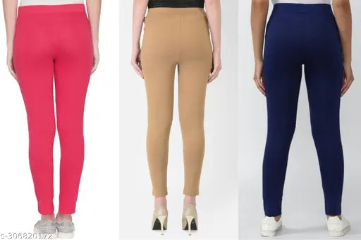 Cotton blend jeggings set (3pcs), solid net design for free & comfort wear. Jeggings pack 3 GSM-220, available in sizes 26, 28, 30, 32, and free size