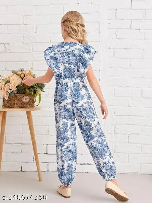 Blue and white floral print children's jumpsuit