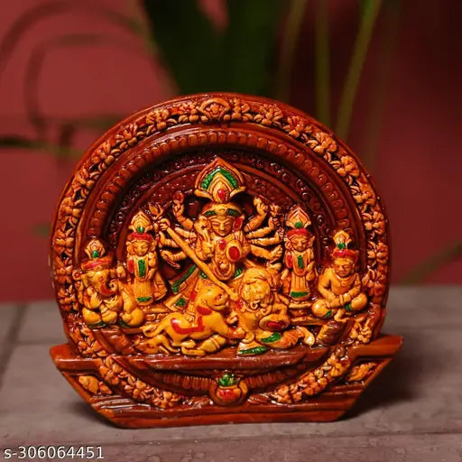 Handpainted rainbow feather terracotta miniature Maa Durga idol, traditional Indian rural artisan craft
