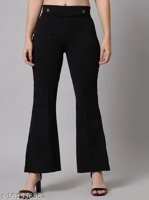 Stretchable scuba fabric trouser with show buttons, solid net, Lycra material. Adore Wear women's pants on model, size 36/waist 36 in, length 37 in