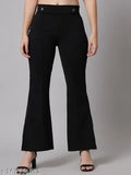 Stretchable scuba fabric trouser with show buttons, solid net, Lycra material. Adore Wear women's pants on model, size 36/waist 36 in, length 37 in
