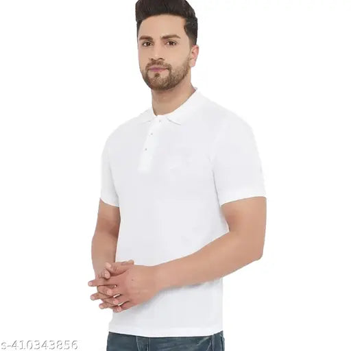 Matty fabric, cotton blend half sleeve polo t-shirt for men (M6XL) - white, formal fit with bottom neck collar
