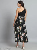 Floral black crepe maxi wrap skirt for women's casual and formal wear, suitable for spring, summer, and autumn. Ideal with tank tops and high heels. Indian-made