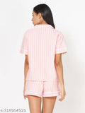 Striped pink cotton top & shorts set for women, fashionable casual wear with short sleeves, India-made