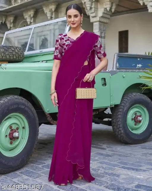 Embroidered Georgette Khajuri wine saree with jacquard net blouse, free size, partywear, festival collection