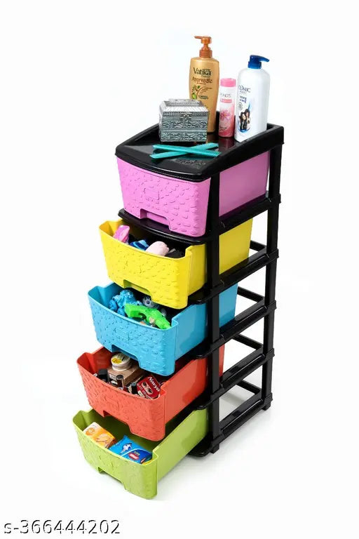 Multi-colored drawer organizer system with 5 storage compartments for various items such as clothes, books, files, and shoes