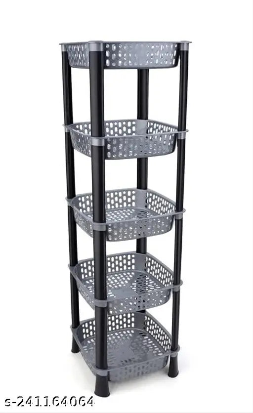 Grey wireframe 5-layer kitchen stand storage organizer with open shelves, suitable for kitchen use or office supplies