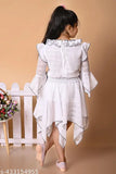 White lace children's party frock with ruffles, sleeves and a V-neck