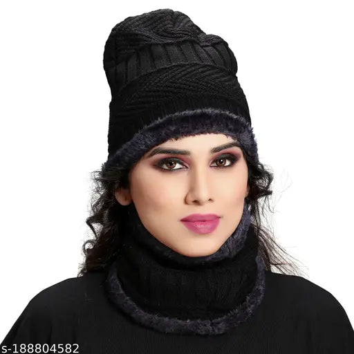 Woolen unisex cap, black knit, neck muffler