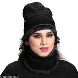 Woolen unisex cap, black knit, neck muffler