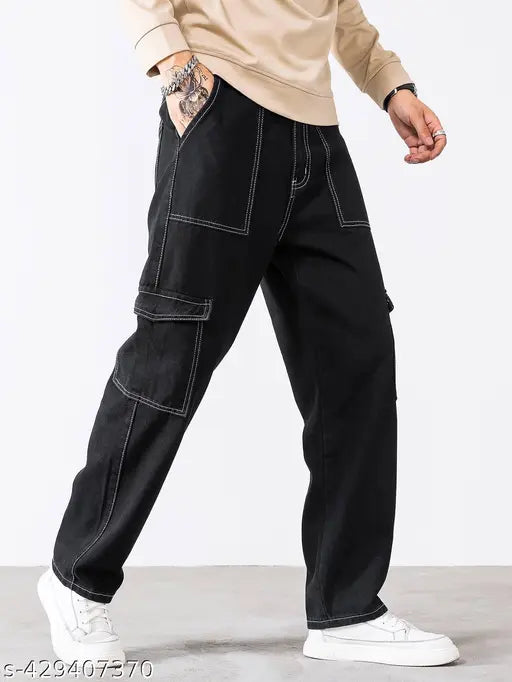Dark wash denim jeans with cuffed legs and silver metal buttons