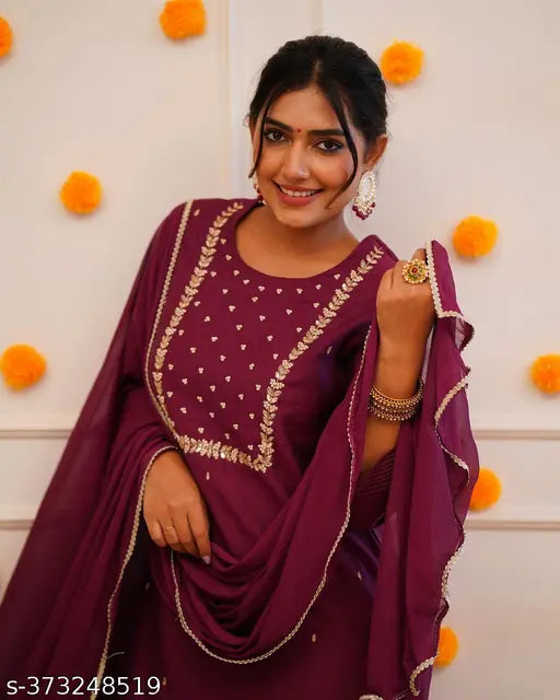 Moksha women's rayon slub viscose kurta set with pant and chiffon dupatta, solid-colored traditional Indian outfit on model