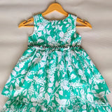 Multicolor floral print cotton knee length baby girl dress with ruffles, perfect for summer parties or daily wear