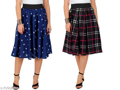 Mid calf length women's paneled polyester skirt in fuchiya print