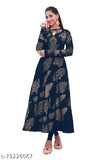 Rayon printed gown kurta, black background, long sleeves