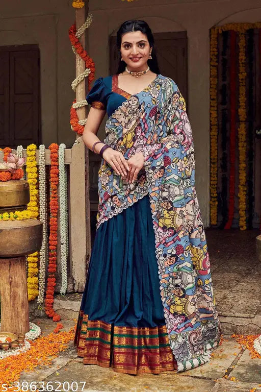 Semi-stitched South Indian style half saree set in art silk, featuring a woven design choli and dupatta with lichi silk details, ideal for traditional events. Length: 3.6m (lehenga), 0.8m (blouse), 2.4m (dupatta). Ready to ship from India