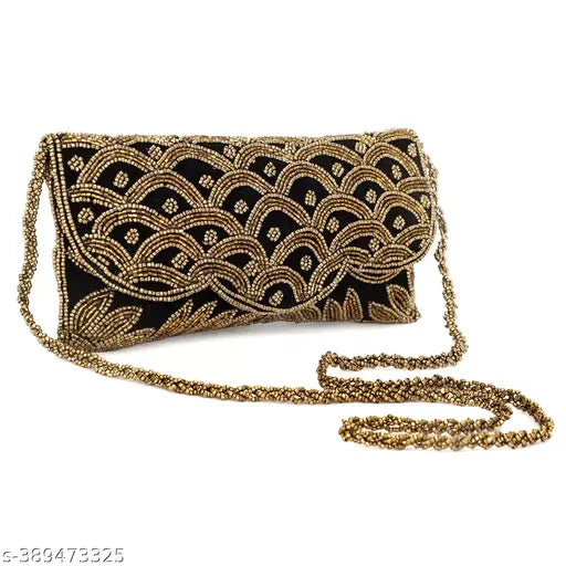 Black handmade embroidered clutch purse with chain strap