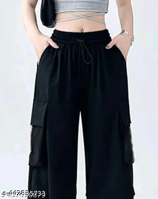 Black wide-leg pants with drawstring waist, women's casual wear
