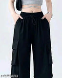 Black wide-leg pants with drawstring waist, women's casual wear