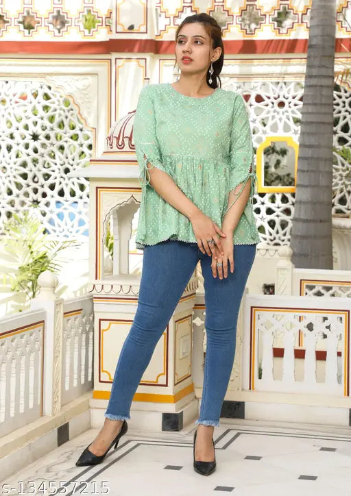 Rayon printed partywear tunic tops, three-quarter sleeves, glamorous for women, Bhairav Fashion, India