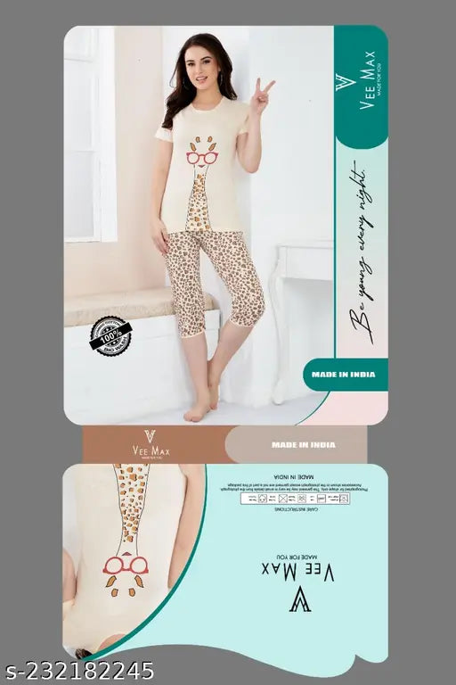 Cotton printed nightsuit set for women, short sleeves and capris design, size S-XXL, made in India