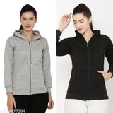 Grey and black fleece casual zipper hoodie jacket for men or women, solid pattern, long sleeves, available in S, M, L, XL