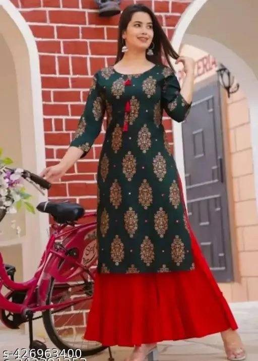 Green ethnic printed long sharara dress, floor length, A-line, with red dupatta