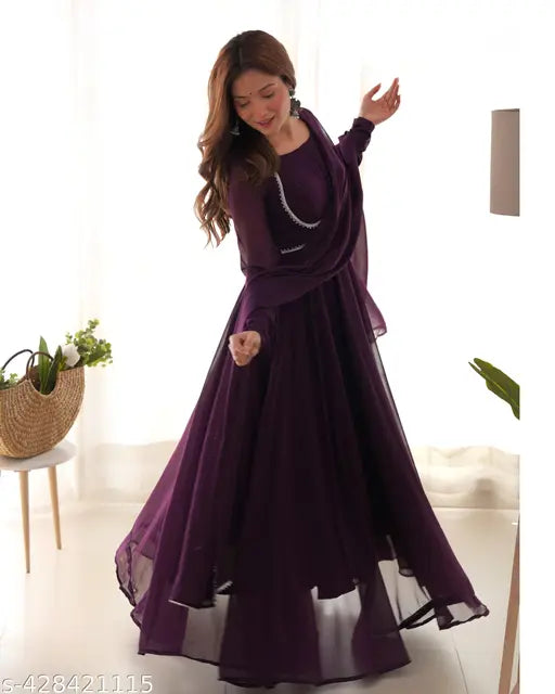 Georgette Anarkali gown set with padded yoke neck, heavy soft fox fabric. Indian designer dress with micro cotton inner and micro cotton pent, flair fancy lace work dupatta. Ready to wear in sizes XS-XXL