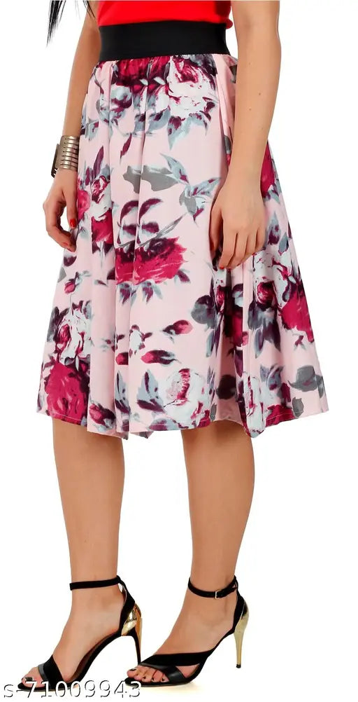 Navy blue multi floral print women's mid calf length skirt and blouse combo. Mid-calf skirt, blouse with cold-shoulder design