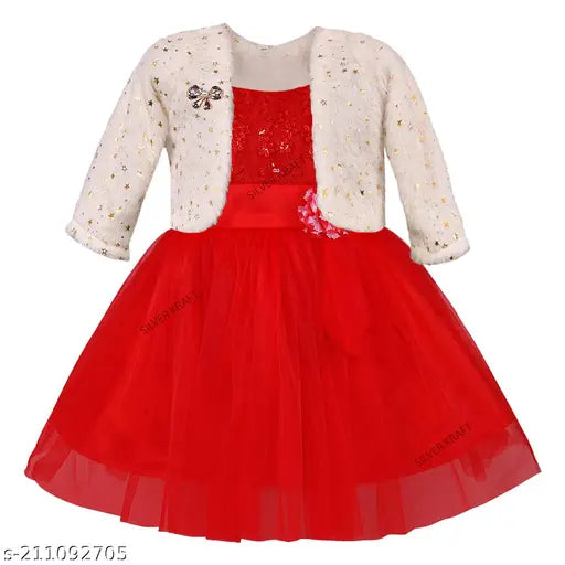Silver kraft baby girl's dress with jacket, red ruffle detailing